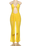 Yellow Sexy Solid Color Hollow Out Backless Halter Regular Jumpsuits