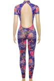 Green Sexy Print Backless O Neck Skinny Jumpsuits