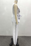 White Casual Pocket Strap Design Contrast O Neck Sleeveless Two Pieces