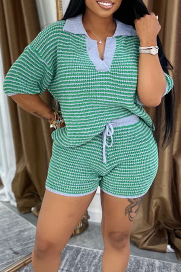 Green Casual Stripe Lace Up Turndown Collar Short Sleeve Two Pieces