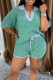 Green Casual Stripe Lace Up Turndown Collar Short Sleeve Two Pieces