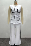 White Casual Pocket Strap Design Contrast O Neck Sleeveless Two Pieces
