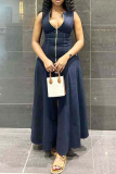 Navy Blue Casual Solid Color Pocket Zipper Zipper Collar Long Dresses