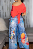 Blue Casual Print Pocket Loose Denim Jeans