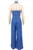 Blue Casual Solid Color Strap Design Turndown Collar Sleeveless Two Pieces