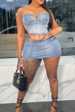 Blue Sexy Solid Color Backless Zipper Strapless Sleeveless Two Pieces