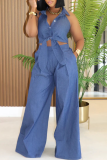 Blue Casual Solid Color Strap Design Turndown Collar Sleeveless Two Pieces