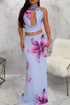 Light Blue Sexy Print Hollow Out Backless Halter Sleeveless Two Pieces