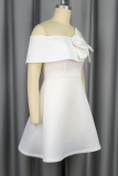 White Elegant Solid Color Flowers Off Shoulder A Line Dresses