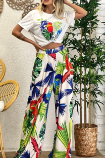 Blue White Casual Print O Neck Short Sleeve Two Pieces