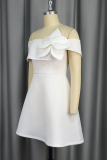 White Elegant Solid Color Flowers Off Shoulder A Line Dresses