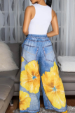 Blue Casual Print Pocket Loose Denim Jeans