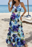 Blue Casual Print Pocket Spaghetti Strap Long Dresses