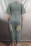 Peacock Blue Casual Solid Color Pocket Zipper V Neck Loose Jumpsuits