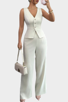 White Casual Solid Color Buckle V Neck Sleeveless Two Pieces