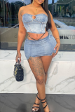 Blue Sexy Solid Color Backless Zipper Strapless Sleeveless Two Pieces
