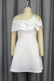 White Elegant Solid Color Flowers Off Shoulder A Line Dresses