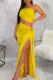 Yellow Sexy Solid Color High Slit Ruched Asymmetrical Collar Long Dresses