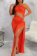 Tangerine Red Sexy Solid Color High Slit Ruched Asymmetrical Collar Long Dresses