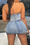 Blue Sexy Solid Color Backless Zipper Strapless Sleeveless Two Pieces