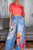 Blue Casual Print Pocket Loose Denim Jeans