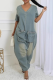 Peacock Blue Casual Solid Color Pocket Zipper V Neck Loose Jumpsuits