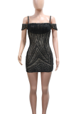Black Sexy Solid Color Backless Spaghetti Strap Wrapped Skirt Dresses