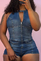 Blue Sexy Solid Color Zipper O Neck Skinny Rompers