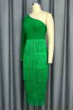 Green Elegant Solid Color Fringed Trim Pearls Decor Oblique Collar Evening Dresses