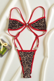 Leopard Print Sexy Pearls Decor Contrast Swimwears