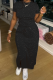 Black Elegant Solid Color Draw String O Neck Short Sleeve Two Pieces