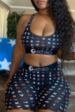 Pink Sexy Print U Neck Sleeveless Two Pieces