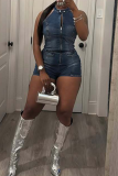 Blue Sexy Solid Color Zipper O Neck Skinny Rompers
