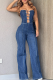 The cowboy blue Sexy Solid Color Backless Strapless Regular Jumpsuits