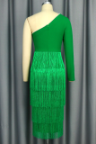 Green Elegant Solid Color Fringed Trim Pearls Decor Oblique Collar Evening Dresses