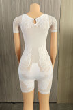 White Sexy Solid Color Hollow Out O Neck Skinny Rompers