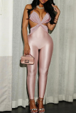 Apricot Sexy Solid Color Backless Spaghetti Strap Skinny Jumpsuits