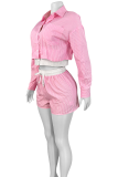 Blue Casual Stripe Buckle Turndown Collar Long Sleeve Two Pieces