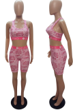 Pink Sexy Print U Neck Sleeveless Two Pieces