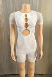 White Sexy Solid Color Hollow Out O Neck Skinny Rompers