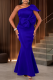 Blue Prom Solid Color Bow Decor Oblique Collar Evening Dresses