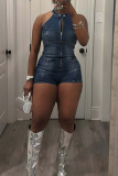 Blue Sexy Solid Color Zipper O Neck Skinny Rompers