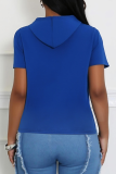 Blue Casual Solid Color Draw String Hooded T-Shirts