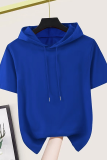 Blue Casual Solid Color Draw String Hooded T-Shirts