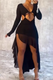 Black Sexy Solid Color Hollow Out V Neck Irregular Dresses