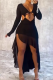 Black Sexy Solid Color Hollow Out V Neck Irregular Dresses