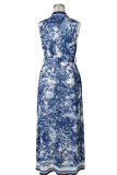 Blue Elegant Print Buckle Turndown Collar Long Dresses
