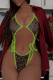 Fluorescent Green Sexy Leopard Print Hollow Out Strap Design Swimwears