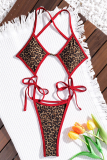 Deep Coffee Sexy Leopard Print Hollow Out Strap Design Swimwears