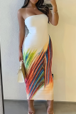 White Sexy Print Strapless Long Dresses